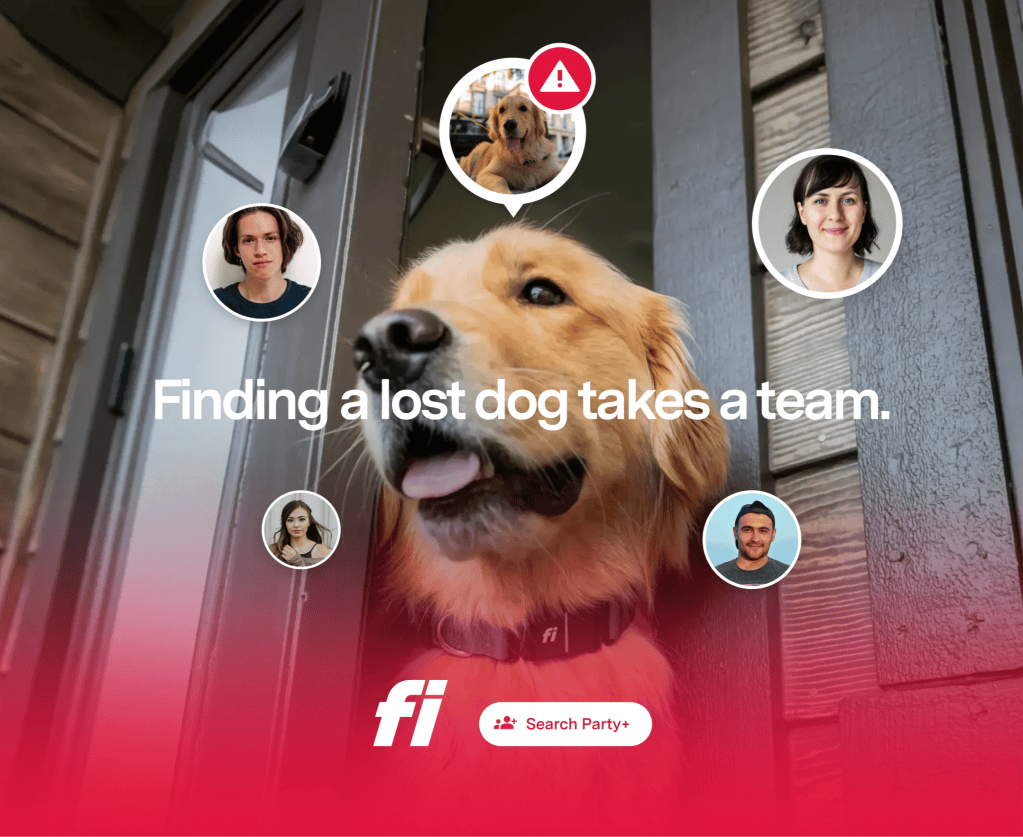 A golden retriever standing at an open door with a team of individuals surrounding it, emphasizing the message 'Finding a lost dog takes a team.'